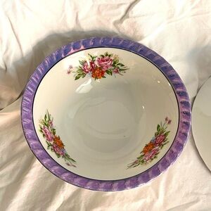 Yamatsu Japan Lusterware Set of 2 Bowls Flower Design Purple Blue Fluted Rim VTG